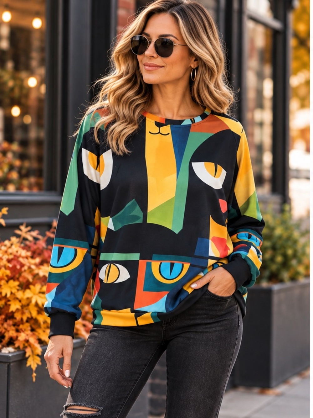 Colorful Abstract Cat Graphic Print Pullover Sweatshirt Y2K Top 2XL